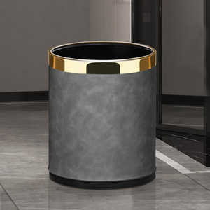 Sailu Cylindrical Trash Can <b>Black</b> Gold Rim Indoor Living Room Kitchen Office Hotel Waste Bin - Product Image 3
