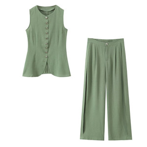 SHENZHU 2026 Completo Donna Stile Europeo e Americano, Nuovo <span class=keywords><strong>Set</strong></span> Retrò da Ufficio Verde con Gilet Senza Maniche e Pantaloni a Gamba Larga 25143 - Product Image 1