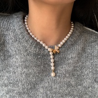 Collar de perlas redondas para mujer, joyería personalizada de alta calidad, de latón chapado en oro con diamantes y lazo positivo