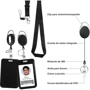 Black name tag/ID <b>lanyard</b> set with retractable buckle, back clip, anti-loss rope, detachable <b>polyester</b> <b>lanyard</b>, and keychain. - Product Image 2