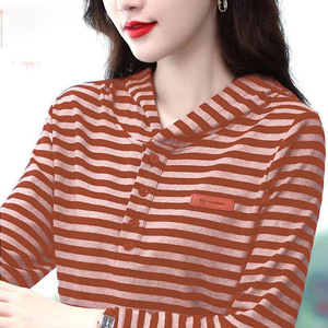 Striped Hooded Long Sleeve Shirt Women Knitted Breathable Autumn Plus Size Base Layer Top Half Button Outfit - Product Image 1