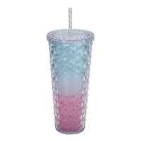 Gobelet isotherme double paroi en plastique réutilisable, à motif diamant gaufré et paillettes dégradées, avec couvercle et paille, portable pour café glacé et voyage