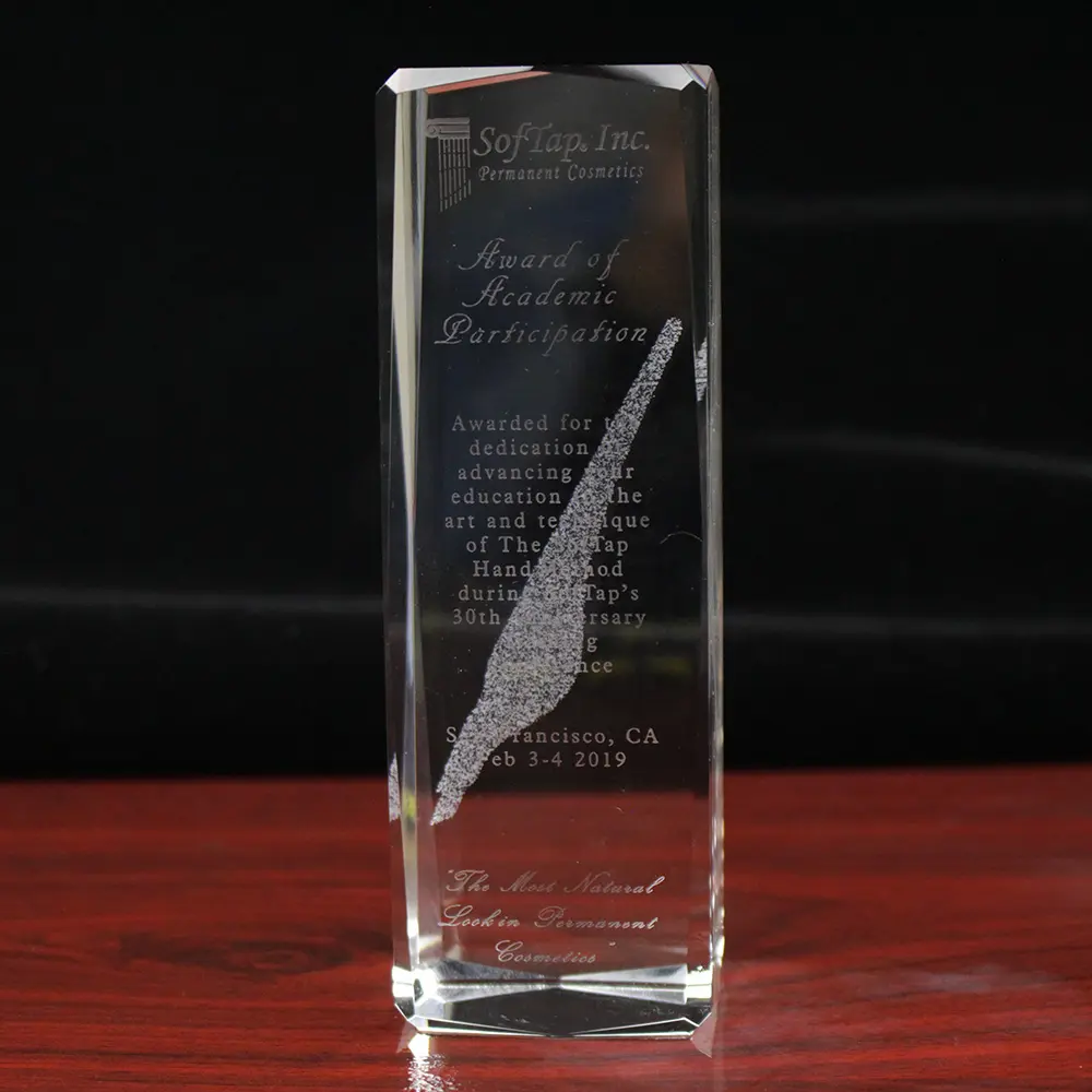 College Graduation Anniversary Crystal Pillar Trophy Awards Glass Cube With Laser Engraved Custom