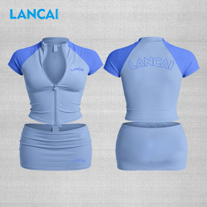 Lancai Wholesale High <b>Elastic</b> Fitness Sports Tops Custom Workout Shirt Yoga Half Zip Seamless Crop Top Women's T-shirts for Gym - Product Image 2