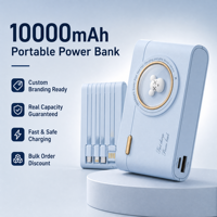Batterie externe portable 10000 mAh avec 4 câbles intégrés, charge rapide 10 W, légère pour la charge de plusieurs appareils, vente en gros ODM/OEM