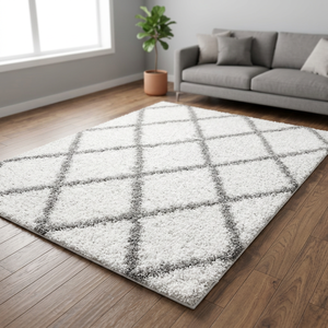 Tapis géométrique moelleux et antidérapant pour chambre à coucher, style moderne, à poils longs, fabriqué à la machine, toucher doux, 160x229cm, blanc - Product Image 3