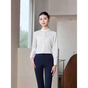 Women's Burgundy Stand Up Collar Shirt Long Sleeve Formal Work Wear Professional Interview Top - Product Image 2