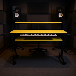 Escritorio de estudio de grabación musical amarillo y negro con bandeja para teclado, construcción metálica para equipos de sonido. - Product Image 2