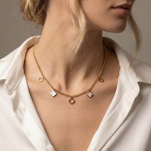 304 Stainless Steel 18K Gold Plated White Mother-of-Pearl Four-Leaf Clover Necklace <b>Bracelet</b> Anklet Women's Jewelry Set Gift - Product Image 3