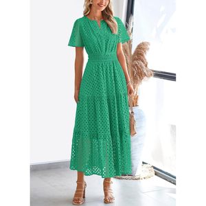 Vestido largo de mujer con manga corta, cuello en V, diseño calado, línea A, cintura elástica, transpirable, informal, para playa o vacaciones - Product Image 6