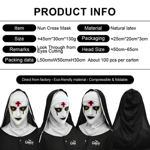 Masque intégral en latex de nonne effrayante pour adulte, costume de fête d'Halloween, masque d'horreur pour maison hantée - Product Image 2