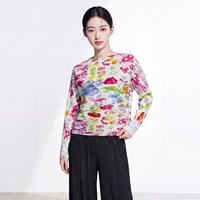 Chemisier plissé Miyake 2026 à manches longues et col rond pour femme, imprimé floral artistique multicolore, directement de l'usine