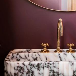 Moderne Calacatta Viola Gegroefde Marmeren Gootsteen Luxe Wandgemonteerde Bassin Met Paarse Aderen Voor Badkamerinrichting - Product Image 5