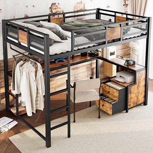 Ensemble de <span class=keywords><strong>lit</strong></span> mezzanine complet pour <span class=keywords><strong>chambre</strong></span> d'étudiant avec <span class=keywords><strong>bureau</strong></span> et rangement, design industriel, structure en métal et échelle - Product Image 3