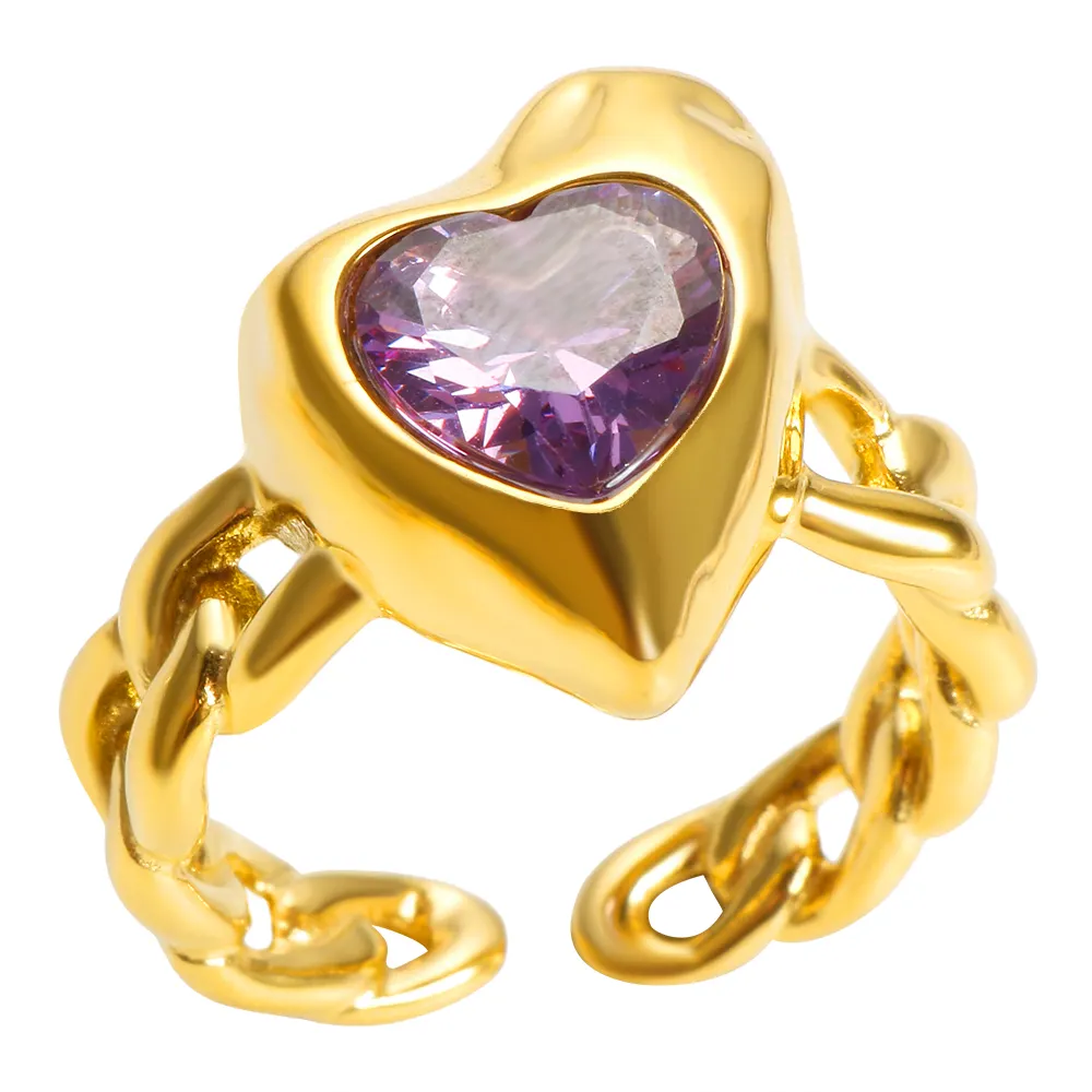 Bijoux fantaisie Zircon coeur anneaux luxe violet cristal gemme bague pour femme 18K plaqué or anniversaire bague de mariage