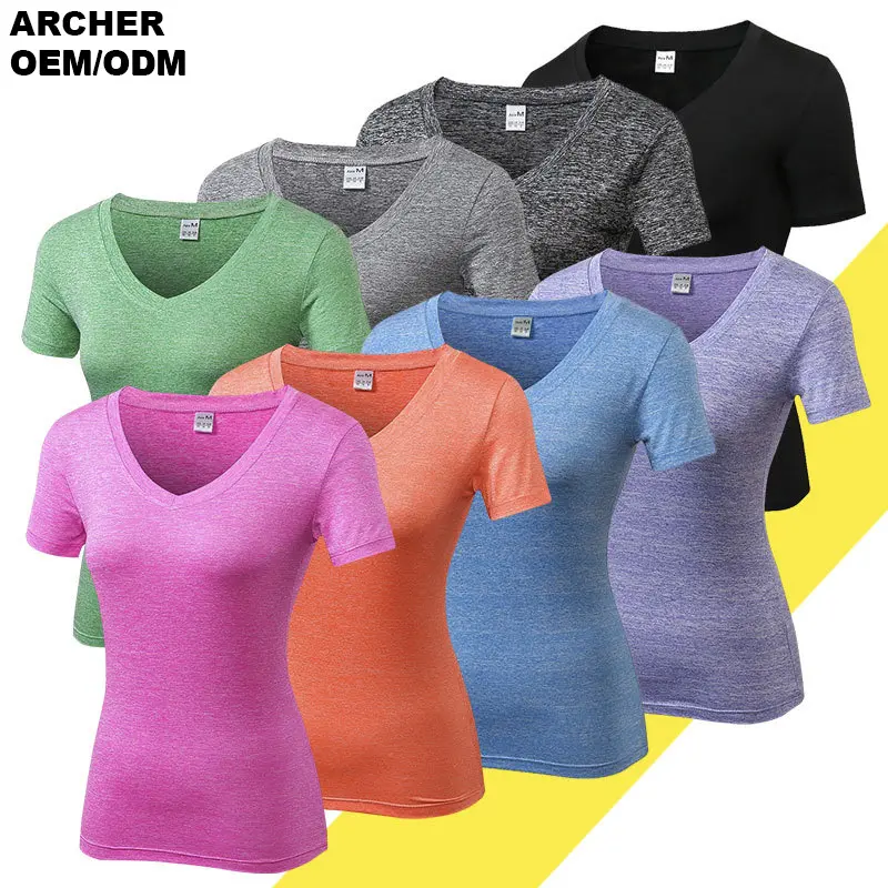 नई लघु आस्तीन टी शर्ट महिलाओं फिटनेस शर्ट योग पहनने जल्दी सूख टी शर्ट कस्टम लोगो वी गर्दन टी शर्ट महिलाओं के लिए