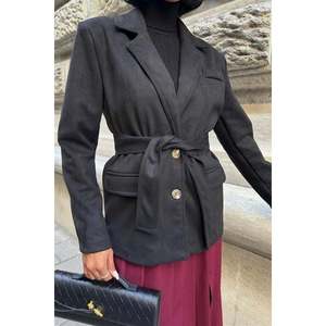 Blazer en daim vintage boutonné avec ceinture, noir, manches longues, veste d'automne pour femme, daim de vache - Product Image 1