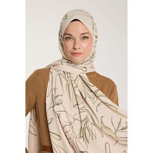 Pure Tone Beige & Green Leaf Pattern Scarf <b>Hat</b> & Glove Set - Product Image 2