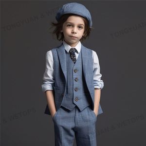 Abbigliamento personalizzato Tuxedo per bambini abito corto 3 pezzi blu <span class=keywords><strong>a</strong></span> quadri gilet abito da ragazzo formale per l'estate - Product Image 2