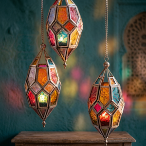 Faroles Marroquíes Portátiles Hechos a Mano de Latón y Vidrio, Lámpara Colgante Geométrica Colorida, Decoración Navideña para el Hogar DL-113 - Product Image 1