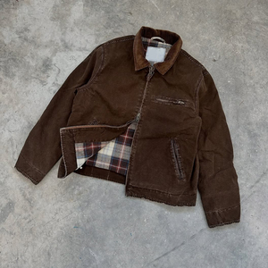 Custom <strong>Canvas</strong> <strong>Jacket</strong> <strong>Men</strong> Vintage Washed Distressed Loose Square Fit Check Plaid Flannel Lining Zip up Workwear <strong>Jacket</strong> for Winter - Product Image 3