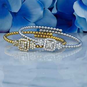 18K Solid <b>Gold</b> Beaded Bezel <b>Set</b> Diamond Art Deco Cuff Bracelet for Women - Product Image 1