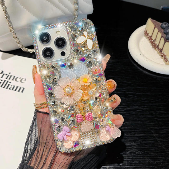 Luxury Diamond Perfume Flowers Rhinestone Bling Phone Case for iphone 18 Pro Max 17 16 15 1 4 13 Plus Cover Shell Girl Gift Toys