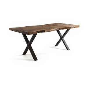Table à manger en noyer avec bord naturel, pieds en métal, table de salle à manger en bois, meubles de cuisine modernes - Product Image 1