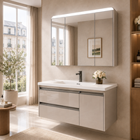 Meuble-lavabo mural moderne en bois massif pour hôtel avec vasque simple, miroir LED inclus, écologique et durable