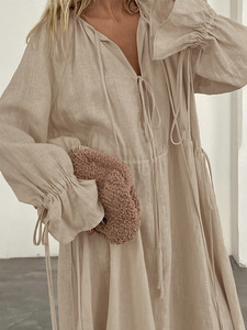 Vestido largo holgado de <span class=keywords><strong>lino</strong></span> y algodón para mujer, verano 2026, personalizado, con manga larga, cordón ajustable y puños acampanados, estilo maxi relajado, de fábrica OEM - Product Image 4