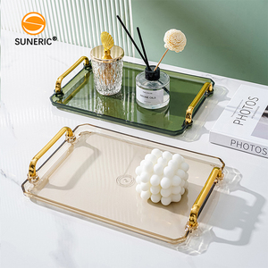 Rectangular Grey Decorative Serving Breakfast Food <strong>Dessert</strong> Drinks <strong>Plastic</strong> Serving <strong>Tray</strong> with Metal Handle - Product Image 1