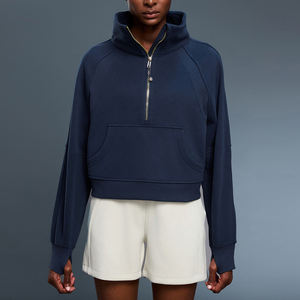 Sweat à capuche demi-zip en mélange de coton durable pour femme, coupe oversize, molleton épais, écologique, tenue de sport d'hiver - Product Image 5