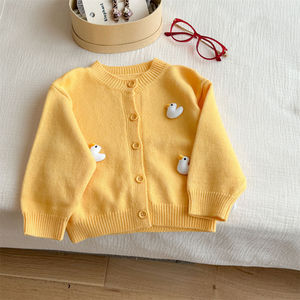 <b>Girls</b> Knitted <b>Cardigan</b> Yellow 857 <b>White</b> Solid Color Cartoon Duck Design Autumn Sweater Cotton Material Single Breasted - Product Image 1