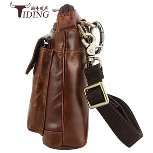 Tiding Men's Leather Shoulder Bag Brown Crossbody With Zipper <b>Pockets</b> Durable Outdoor Use - Product Image 4