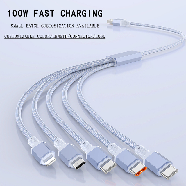 5-in-1 PD 100W Type-C Braided Fast Charging Cable 0.5/1/2/3M Multi-Head Cord Support Small Batch Customization Factory Wholesale