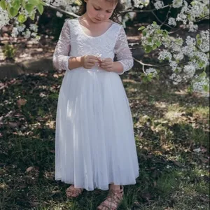 Uzun kollu Boho çiçek kız elbise düğün kat uzunluk dantel küçük çocuklar için ilk cemaat elbise Vintage ucuz kızların
