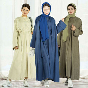 Women Abaya 2 Piece Set Cheap Modest Sets Abaya <strong>Dress</strong> With Solid Belted - Product Image 4