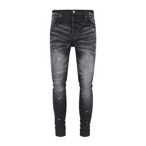 Hochwertige lila Jeans Casual Schwarz und Grau Patchwork gestapelt Vintage Wash Jeans Hose Herren Custom Flares Denim Jeans