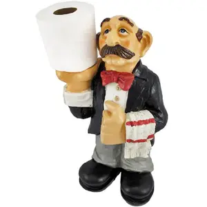 Kustom Polyresin Lucu Pelayan Figurine Perlengkapan Patung Kerajinan Kertas Roll Pemegang Bergulir Resin Orang Tua Butler Pemegang Kertas Toilet