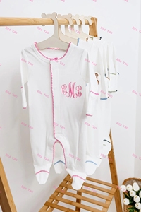 Conjunto de <span class=keywords><strong>Pijama</strong></span> y Gorro de <span class=keywords><strong>Hospital</strong></span> para Bebé Recién Nacido con Cuello Peter Pan, Bordado Personalizado, 100% Algodón Peinado, Mameluco Blanco para Dormir - Product Image 6