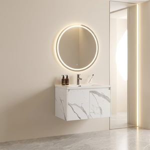 Lavabo de baño de cerámica rectangular de tocador montado en la pared con diseño de marmoleado con gabinete de tocador - Product Image 1