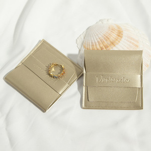 Vinkende PU Leather Jewelry <b>Storage</b> Bag 8x8cm Embossed Logo Rectangle Shape Gold Color for Necklace <b>Ring</b> Packaging - Product Image 4
