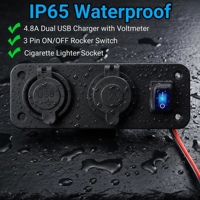 Prise de chargeur de voiture 3-en-1, panneau avec double port USB 4.8A, voltmètre LED, interrupteur à bascule 3 broches ON-OFF, prise allume-cigare 12V