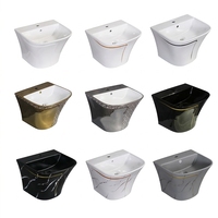 Inodoro de una pieza con sifón y lavabo suspendido de cerámica, estilo moderno, color negro, conjunto de inodoro WC
