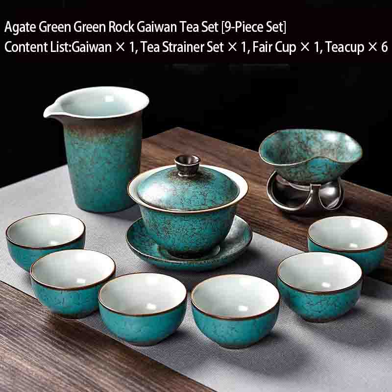 Agate Green and Blue Rock Covered Bowl Tea Set [9-piece set]