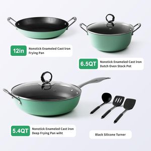 <span class=keywords><strong>8Pcs</strong></span> Đúc Sắt Chậu Và Chảo Đặt Không Dính Nhà Bếp Đồ Nấu Nướng Bộ Màu Xanh Lá Cây Cảm Ứng Đồ Nấu Nướng Không Độc Hại Khỏe Mạnh Không Dính Nấu Ăn Thiết Lập - Product Image 4