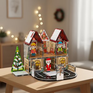 Ensemble de blocs de construction magnétiques sur le thème de Noël, maison de poupée enneigée d'hiver avec figurine de Père Noël et arbre de Noël - Product Image 2