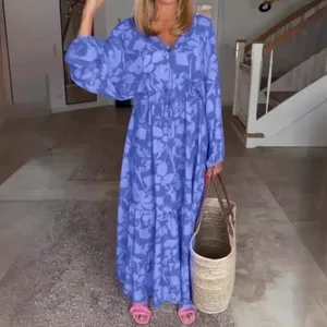 Robe décontractée à manches longues et col en V en polyester pour l'été, disponible en rouge, bleu, vert, tailles S à <span class=keywords><strong>XXXL</strong></span> - Product Image 2