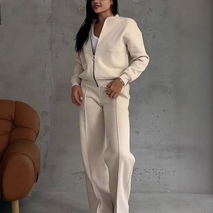 Dropshipping Autumn Winter Female Loose Tracksuit Sweatshirt <b>Women's</b> Sports Suits Zipper <b>Jacket</b> and Wide Leg Pants Two-piece Set - Product Image 1