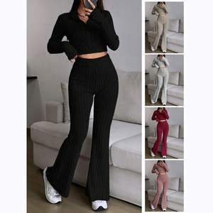 Ensemble décontracté pour femme Maxfree Fashion, couleur unie, côtelé, deux pièces, fermeture éclair, haut à manches longues, pantalon évasé taille haute - Product Image 2